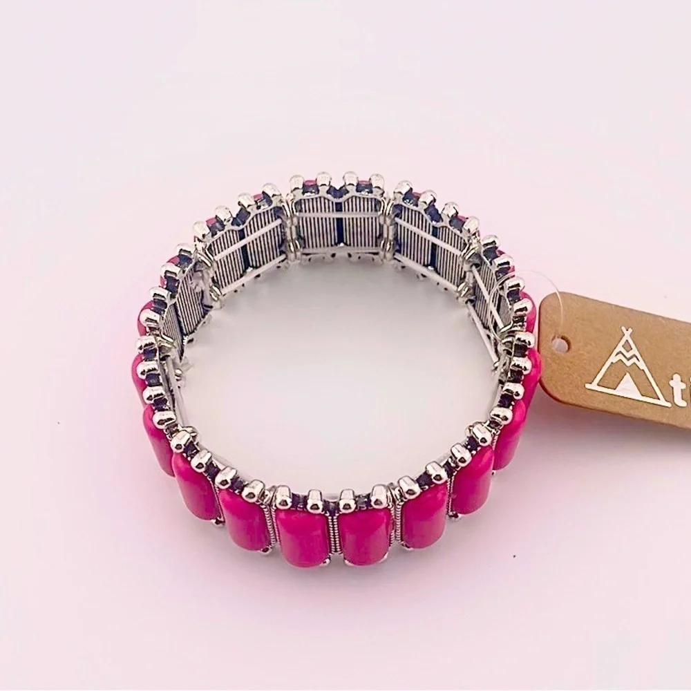 pink Elastic Stretch Bracelet Silver Accented